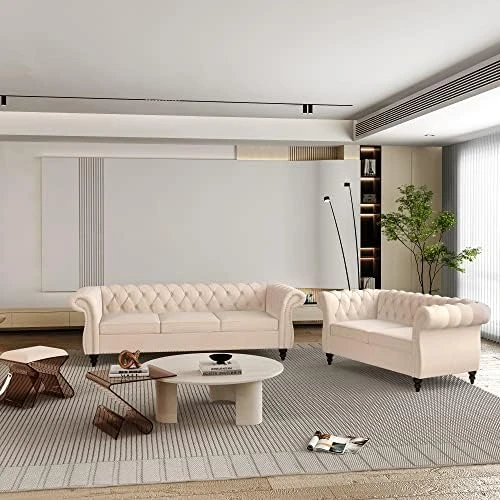 2 Piece Living Room Set, Velvet Chesterfield Sofa Loveseat Couch With Scroll Arms And Nailhead For Living Room, Office (Grey) 14 2 Piece Living Room Set, Velvet Chesterfield Sofa Loveseat Couch With Scroll Arms And Nailhead For Living Room, Office (Grey) - Image 12