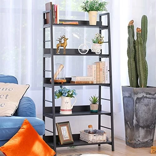 BATHWA Industrial 5-Tier Ladder Bookshelf Wood And Metal Bookcase Black Organizer Stand Rack Storage Ladder Shelves For Living Room Office Bathroom Kitchen, 59'' Height 9 BATHWA Industrial 5-Tier Ladder Bookshelf Wood And Metal Bookcase Black Organizer Stand Rack Storage Ladder Shelves For Living Room Office Bathroom Kitchen, 59'' Height - Image 7