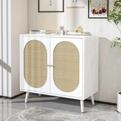 Pvillez Modern Storage Cabinet With Natural Rattan Doors, Sideboard Buffet Cabinet With Storage, Adjustable Shelves, Rattan Cabinet Console Table For Living Room, Dining Room, Entryway, White -Amazon Store 51fvCguMoTL. AC