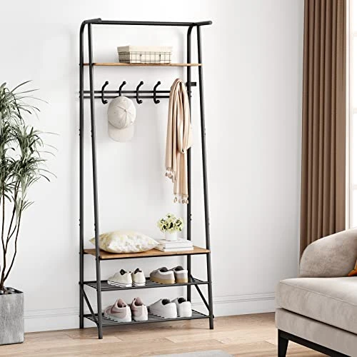 Coat Rack Shoe Bench With 5 Hooks, Hall Trees Entryway Bench With Storage, Multifunctional Hallway Organizer, Wood Look Accent Furniture With Metal Frame 6 Coat Rack Shoe Bench With 5 Hooks, Hall Trees Entryway Bench With Storage, Multifunctional Hallway Organizer, Wood Look Accent Furniture With Metal Frame - Image 4