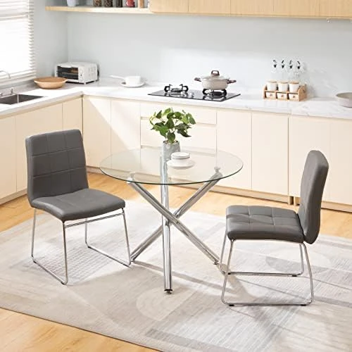 SICOTAS Dinner Table Set For 4 - Round Glass Kitchen Table With 4 Chairs, Modern Dining Table Set With Metal Legs, 5 Piece Dinning Room Table Set For Apartment Kitchen, Dining Room, Black 10 SICOTAS Dinner Table Set For 4 - Round Glass Kitchen Table With 4 Chairs, Modern Dining Table Set With Metal Legs, 5 Piece Dinning Room Table Set For Apartment Kitchen, Dining Room, Black - Image 8