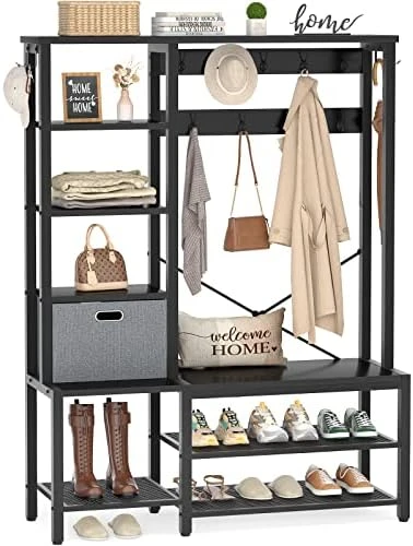 Aheaplus Hall Tree With Storage Bench, Coat Rack, 5-Tier Shelves, Fabric Storage Basket, Side Hooks, 71’’ Industrial 5 In 1 Large Organizer, Wood Look Accent Furniture-Sturdy Metal Frame, Rustic Brown 8 Aheaplus Hall Tree With Storage Bench, Coat Rack, 5-Tier Shelves, Fabric Storage Basket, Side Hooks, 71’’ Industrial 5 In 1 Large Organizer, Wood Look Accent Furniture-Sturdy Metal Frame, Rustic Brown - Image 6