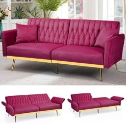 ACMEASE 70” Velvet Futon Sofa Bed W/Adjustable Backrests And Armrests, Convertible Futon Couch With Two Pillows, Modern Tufted Sleeper Bed For Living Room, Bedroom,Green -Amazon Store 51g0f66IISL. AC