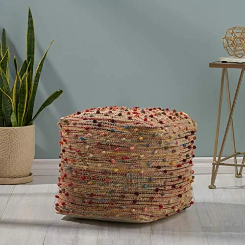 Great Deal Furniture Hellen Boho Jute And Cotton Pouf, Multicolor 3 Great Deal Furniture Hellen Boho Jute And Cotton Pouf, Multicolor