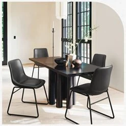 LUE BONA Indoor/Outdoor Kitchen Island Dining Chair, Upholstered Faux Leather Dining Chairs With Metal Legs, 18" Mid Century Modern Dining Chair Set Of 4 For Dining Room Black