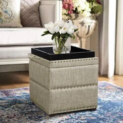 Edeco Modern Nailhead Storage Ottoman With Tray Top Square Script Ottoman Space-Saving Coffee Table, Grey -Amazon Store 51gCvMBPg3L. AC