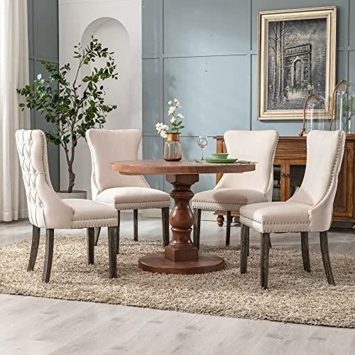 KCC Velvet Dining Chairs Set Of 4, Tufted Upholstered Wingback High-end Dining Kitchen Chair With Nailhead Solid Wood Legs, Contemporary Nikki Collection Modern Style, Beige 8 KCC Velvet Dining Chairs Set Of 4, Tufted Upholstered Wingback High-end Dining Kitchen Chair With Nailhead Solid Wood Legs, Contemporary Nikki Collection Modern Style, Beige - Image 6