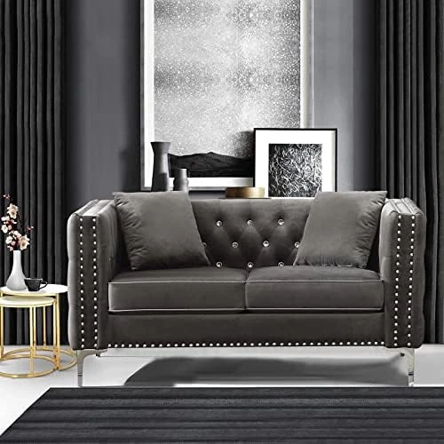 Mikibama Velvet Loveseat Sofa Couch Set For Living Room, Modern Decor Furniture Tufted Sofa Set With Nailhead Acrylic Legs And 2 Pillows For Bedroom, Hall(Grey) 16 Mikibama Velvet Loveseat Sofa Couch Set For Living Room, Modern Decor Furniture Tufted Sofa Set With Nailhead Acrylic Legs And 2 Pillows For Bedroom, Hall(Grey) - Image 14