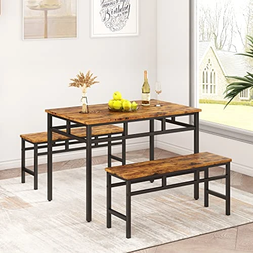 CALABASH Dining Room Table Set With 2 Benches, Industrial 3 Piece Dining Set For Home, Kitchen, Apartment And Small Space,Rustic Brown And Black Metal Frame 7 CALABASH Dining Room Table Set With 2 Benches, Industrial 3 Piece Dining Set For Home, Kitchen, Apartment And Small Space,Rustic Brown And Black Metal Frame - Image 5