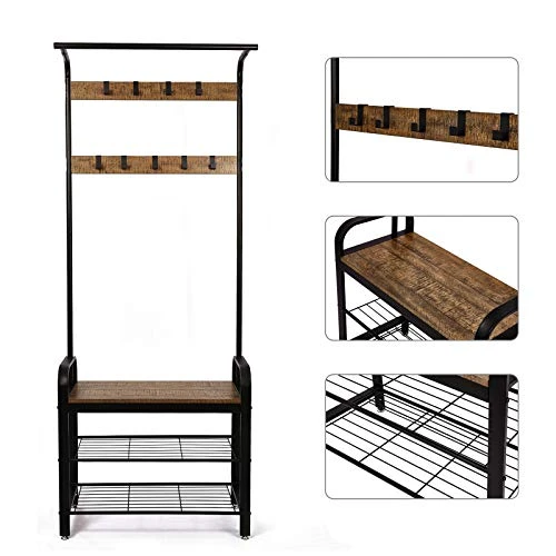 Meerveil Vintage Coat And Shoe Stand, Shoe Rack Industrial Coat Rack Clothes Stand, Hall Tree Bench With Shelf, Matt Metal Frame Shoe Rack With Coat Rack 4 Meerveil Vintage Coat And Shoe Stand, Shoe Rack Industrial Coat Rack Clothes Stand, Hall Tree Bench With Shelf, Matt Metal Frame Shoe Rack With Coat Rack - Image 2