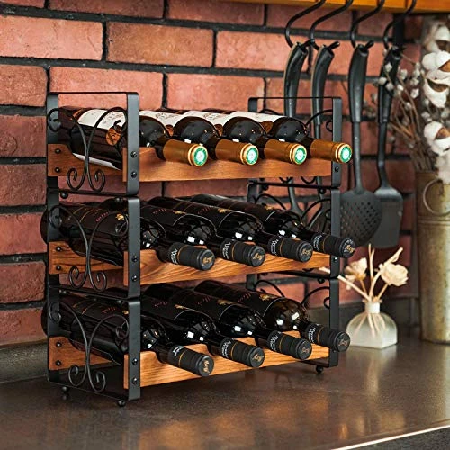 X-cosrack Rustic 3 Tier Stackable Wine Rack Freestanding 12 Bottles Organizer Holder Stand Countertop Liquor Storage Shelf Solid Wood & Iron 17" L X 7.2" W X 16.5" H-Patent Design 4 X-cosrack Rustic 3 Tier Stackable Wine Rack Freestanding 12 Bottles Organizer Holder Stand Countertop Liquor Storage Shelf Solid Wood & Iron 17" L X 7.2" W X 16.5" H-Patent Design - Image 2