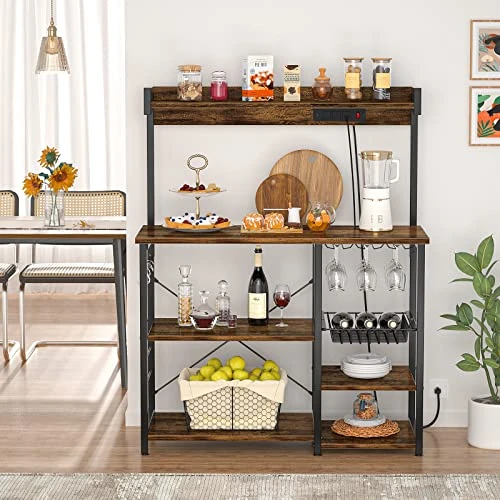 Topfurny Bakers Rack With Power Outlet, Microwave Stand, Kitchen Storage Shelf With Wire Basket, Coffee Bar Station With Wine Glass Holder, Kitchen Rack For Spices, Pots, And Pans, Rustic Brown 6 Topfurny Bakers Rack With Power Outlet, Microwave Stand, Kitchen Storage Shelf With Wire Basket, Coffee Bar Station With Wine Glass Holder, Kitchen Rack For Spices, Pots, And Pans, Rustic Brown - Image 4