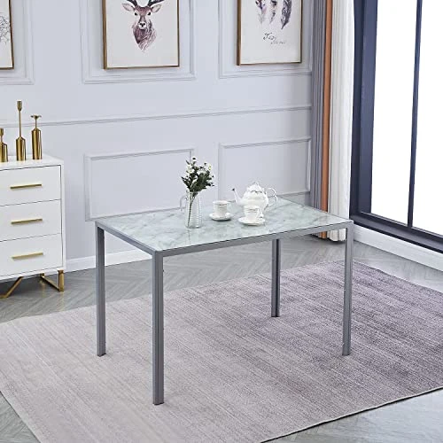ROOIOME Gray Glass Dining Table Marbled Effect With Tempered Glass Top And Metal Frame And Leg, Gray Rectangle Kitchen Table For Restaurant (L X W X H) 51.20" * 27.5" * 29.5" 3 ROOIOME Gray Glass Dining Table Marbled Effect With Tempered Glass Top And Metal Frame And Leg, Gray Rectangle Kitchen Table For Restaurant (L X W X H) 51.20" * 27.5" * 29.5"