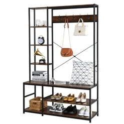 Hall Tree Coat Rack Shoe Bench With Hooks And Storage Shelf, Industrial Entryway Storage Shelf Bench, Hall Tree With Bench And Shoe Storage, Hall Tree With Storage Bench For Living Room Bedroom