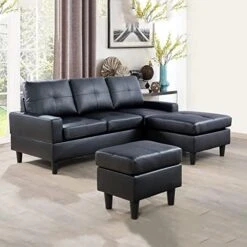 A Ainehome Convertible Sectional Sofa Couch, L Shaped Couch And Ottoman With Faux Leather Fabric Small Sectional Sofa Set For Living Room, Apartment(A-Black) -Amazon Store 51giCfZBgpL. AC
