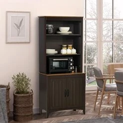 HOMCOM 70" Kitchen Buffet Hutch With 3-Tier Shelving, Freestanding Storage Pantry Cabinet, Sideboard With Adjustable Shelves And Open Countertop, Coffee