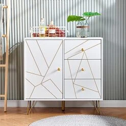 White Kitchen Storage Cabinet, 1 Door 3-Drawer Dining Buffet Server Cabinet, Living Room Sideboard Organizer, Modern Console Table Cupboard With Golden Groove Door -Amazon Store 51grcpkEXuL