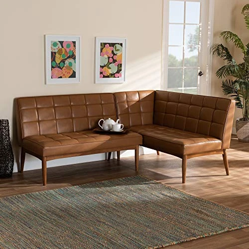 Baxton Studio Sanford Dining Banquettes Tan Faux Leather Upholstered And Walnut Brown Finished Wood 2-Piece Dining Nook Banquette Set 7 Baxton Studio Sanford Dining Banquettes Tan Faux Leather Upholstered And Walnut Brown Finished Wood 2-Piece Dining Nook Banquette Set - Image 5