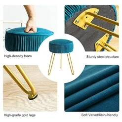 Modern Velvet Round Footstool Ottoman, Peacock Blue Velvet Ottoman Vanity Stool Foot Rest With Gold Legs, Upholstered Pleated Vanity Chair Ottoman, Makeup Stools For Vanity, Footrest For Living Room -Amazon Store 51h7fCEikAL