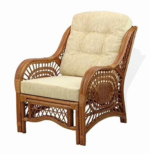 Malibu Lounge Set Of 4: 2 Natural Rattan Wicker Chairs, Loveseat With Cream Cushions And Coffee Table W/Glass Handmade, Colonial 7 Malibu Lounge Set Of 4: 2 Natural Rattan Wicker Chairs, Loveseat With Cream Cushions And Coffee Table W/Glass Handmade, Colonial - Image 5