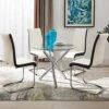 Modern Dining Table Set For 4 Person,5 Pieces Kitchen Dining Room Sets With Glass Round Table Top,Chrome Legs + 4 White With Black Side,Faux Leather High Back Dining Room Chairs Set For Home Office