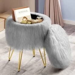 GREENSTELL Vanity Stool Chair Faux Fur With Storage, 15.75”W X 19.29’’H Round Soft Ottoman With 4 Metal Legs, Furry Padded Seat, Modern Multifunctional Makeup Stool For Bedroom Living Room, White -Amazon Store 51hLFMSnUBL. AC