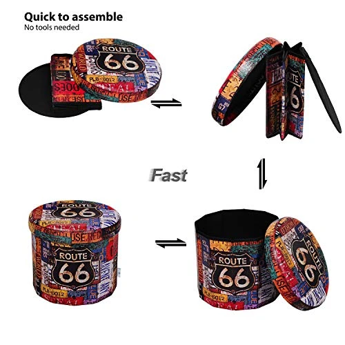 B FSOBEIIALEO Folding Storage Ottoman Round, Faux Leather Foot Rest Seat, Storage Organizer Toy Chest 15" (Route 66 Barrel) 5 B FSOBEIIALEO Folding Storage Ottoman Round, Faux Leather Foot Rest Seat, Storage Organizer Toy Chest 15" (Route 66 Barrel) - Image 3