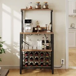 YITAHOME Wine Rack Table With Power Outlet, Freestanding Floor Liquor Cabinet With Bottle Shelf And Glass Holder, Bakers Rack With Wine Storage And Hook, Wine Bar For Home Kitchen, Dining Room