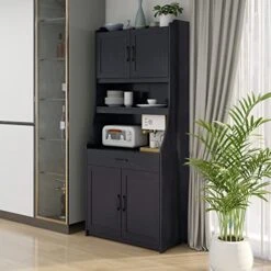 SSLine Modern Tall Kitchen Pantry Classic Standing Storage Cabinet With Hutch, Drawer & Microwave Stand Large Wood Buffet Sideboard Utility Cabinet With Dining Room Living Room (Black)