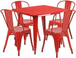 EMMA + OLIVER Commercial 31.5" Square Silver Metal Indoor-Outdoor Table Set-4 Stack Chairs -Amazon Store 51hYRatuWVL. AC