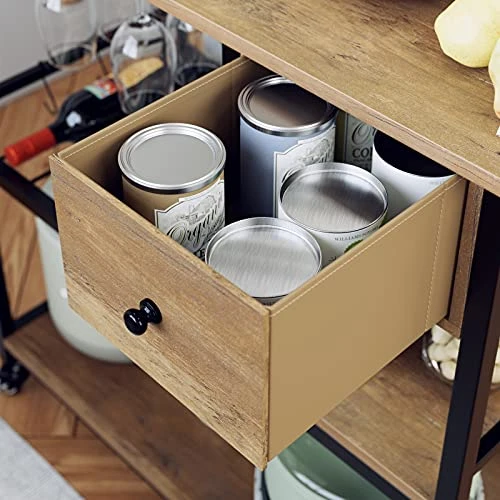 URKNO Bar Cart For Home, Mobile Kitchen Baker's Rack With Drawer, Industrial Wine Cart Microwave Stands With Wine Rack, Glass Holder, Hooks, Rustic Brown 6 URKNO Bar Cart For Home, Mobile Kitchen Baker's Rack With Drawer, Industrial Wine Cart Microwave Stands With Wine Rack, Glass Holder, Hooks, Rustic Brown - Image 4