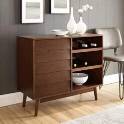 Walker Edison Mid-Century Modern Wood Kitchen Buffet Sideboard With Bottle Storage-Entryway Serving Wine Storage Doors-Dining Room Console, 36 Inch, Walnut