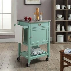 Riverbay Furniture Stainless Steel Top Pine Wood Rolling Storage Microwave Table Kitchen Island Cart On Wheels With One Drawer And One Shelf In Light Green