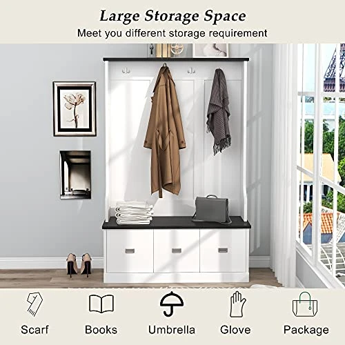 LOVMOR Entryway Hall Tree, Coat Rack With 3 Large Drawers, Entryway Bench, Storage Bench With 4 Hooks, 3-in-1 Design, Bench With Coat Rack For Entryway, Hallway, White 7 LOVMOR Entryway Hall Tree, Coat Rack With 3 Large Drawers, Entryway Bench, Storage Bench With 4 Hooks, 3-in-1 Design, Bench With Coat Rack For Entryway, Hallway, White - Image 5