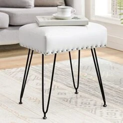LUE BONA Faux Leather Rectangle Vanity Stool, Vanity Chair For Makeup Room, White Rivet Ottoman Foot Rest Entryway Bench With Black Legs For Bedroom Living Room -Amazon Store 51i65EADxmL. AC