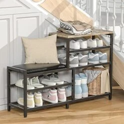 X-cosrack Shoe Rack Bench 5-Tier Shoe Storage With Seat Industrial Entryway Bench Metal Storage Shelves Organizer Entry Bench Shoe Stand For Entryway Hall Brown Black