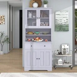 LOVMOR Kitchen Pantry Storage Cabinet, 71" Pantry Cabinet With Glass Doors, Storage Cabinet With A Large Drawer And Adjustable Shelves, Open Tabletop Pantry Cabinets For Kitchen Storage, Antique White