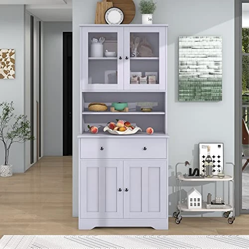 Danxee 71'' Multifunctional Freestanding Tall Pantry Cabinet With Glass Doors, A Large Drawer And Adjustable Shelves, One-Body Style Kitchen Pantry For Additional Storage Space (Antique White) 3 Danxee 71'' Multifunctional Freestanding Tall Pantry Cabinet With Glass Doors, A Large Drawer And Adjustable Shelves, One-Body Style Kitchen Pantry For Additional Storage Space (Antique White)