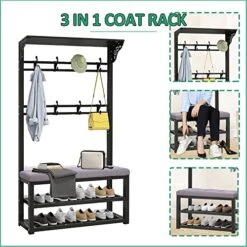 Hall Tree With Shoe Bench For Entryway, 3-in-1 Coat Rack Stand With Hooks Metal Frame Coat Rack With Shoe Storage For Hallway Farmhouse Bedroom Easy To Assemble, 80/100X33X172 Cm -Amazon Store 51iQF7qUbdL