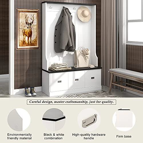 LOVMOR Entryway Hall Tree, Coat Rack With 3 Large Drawers, Entryway Bench, Storage Bench With 4 Hooks, 3-in-1 Design, Bench With Coat Rack For Entryway, Hallway, White 5 LOVMOR Entryway Hall Tree, Coat Rack With 3 Large Drawers, Entryway Bench, Storage Bench With 4 Hooks, 3-in-1 Design, Bench With Coat Rack For Entryway, Hallway, White - Image 3