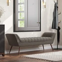 BELLEZE 63 Inch Mid Century Modern Ottoman, Contemporary Upholstered Linen Fabric Bench With Wood Legs, Accent Furniture For Living Room, Bedroom, Entryway - Moreno (Grey) -Amazon Store 51iZGeUZ3tL. AC