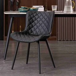 YOUTASTE Black Dining Chairs Set Of 2 PU Leather Diamond Upholstered Modern Kitchen Dining Room Chairs Metal Thick Bar Counter Chairs High Back Home Kitchen Restaurant