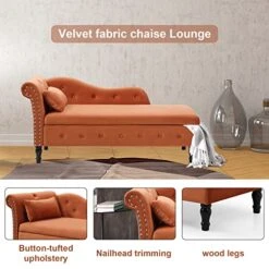 Ufurpie Velvet Storage Chaise Lounge Ottoman 60" Velvet Storage Chaise Lounge Buttons Tufted With Solid Wood Legs And 1 Pillow For Bedroom,Living Room,Apartment Orange -Amazon Store 51inUHPmaRL