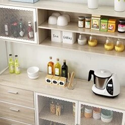 ECACAD Modern Wood Sideboard Buffet Storage Cabinet With Hutch, 3 Metal Mesh Doors, 3 Drawers & 5 Compartments, Kitchen Pantry Cupboard Console Table For Living Room, Dining Room, Light Oak -Amazon Store 51ioCncDwxL