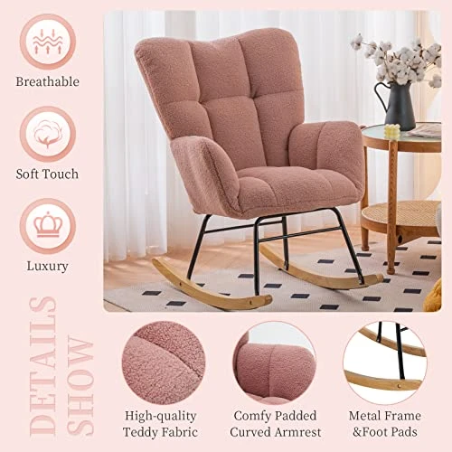 NIOIIKIT Nursery Rocking Chair Teddy Upholstered Glider Rocker Rocking Accent Chair Padded Seat With High Backrest Armchair Comfy Side Chair For Living Room Bedroom Offices (Pink Teddy) 4 NIOIIKIT Nursery Rocking Chair Teddy Upholstered Glider Rocker Rocking Accent Chair Padded Seat With High Backrest Armchair Comfy Side Chair For Living Room Bedroom Offices (Pink Teddy) - Image 2