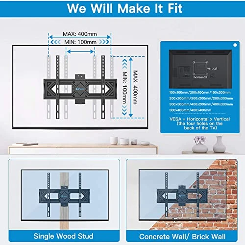 Pipishell Full Motion TV Wall Mount, Heavy Duty Single Articulating Arms TV Bracket For Most 26-60 Inch Flat Curved TVs, Up To VESA 400x400mm And 77lbs, Support Swivel, Tilt, Level Adjustment 6 Pipishell Full Motion TV Wall Mount, Heavy Duty Single Articulating Arms TV Bracket For Most 26-60 Inch Flat Curved TVs, Up To VESA 400x400mm And 77lbs, Support Swivel, Tilt, Level Adjustment - Image 4