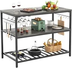 Homieasy Kitchen Island With Wine Glass Holder, Industrial Wood And Metal Coffee Bar Wine Rack Table, 3 Tier Spacious Kitchen Prep Table Extended Counter With Hooks Easy To Assemble, Black Oak -Amazon Store 51jf4jh04AL. AC