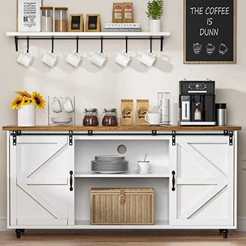 Farmhouse Coffee Bar Cabinet, 58’’ Kitchen Buffet Sideboard Cabinet With Sliding Barn Door, Coffee Bar Table With Adjustable Shelves, White Buffet Table With Storage,Living Dining Room Storage Cabinet 5 Farmhouse Coffee Bar Cabinet, 58’’ Kitchen Buffet Sideboard Cabinet With Sliding Barn Door, Coffee Bar Table With Adjustable Shelves, White Buffet Table With Storage,Living Dining Room Storage Cabinet - Image 3