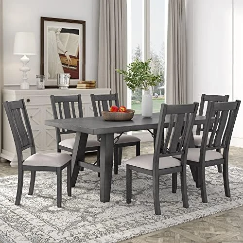 CITYLIGHT 7 Pieces Dining Table Set, Rustic Kitchen Furniture Set, Counter Height Farmhouse Wood Dining Table Set With 6 Upholstered Dining Chairs, White+Walnut+Beige 17 CITYLIGHT 7 Pieces Dining Table Set, Rustic Kitchen Furniture Set, Counter Height Farmhouse Wood Dining Table Set With 6 Upholstered Dining Chairs, White+Walnut+Beige - Image 15