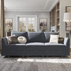 HONBAY Modern Upholstered Sofa Polyester Fabric Modular Sofa For Small Apartment, Bluish Grey